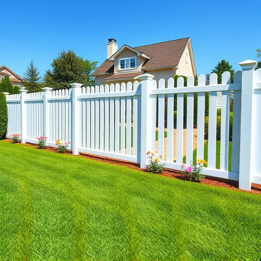 Pristine white vinyl fence outlines a manicured lawn, vibrant flowers, and a charming suburban home in White GA.