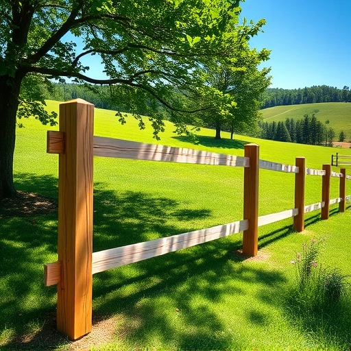 Wooden fence in Cohutta GA surrounded by greenery, sunlight filtering through leaves and clear blue sky.