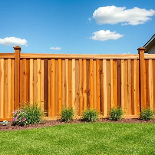 Beautifully crafted wooden fence in Gadsden AL surrounded by lush grass and vibrant flower beds under a blue sky.