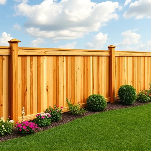 Completed wooden fence project in Collinsville AL with natural finish, lush lawn, flowers, and clear sky backdrop.