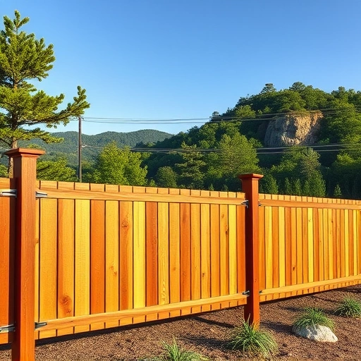 Completed wooden and metal fencing installation in Lookout Mountain GA surrounded by lush trees and blue sky.
