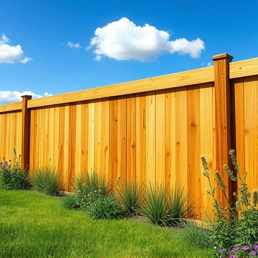 Wooden fence installation in Resaca GA surrounded by green grass and wildflowers under a blue sky with clouds.