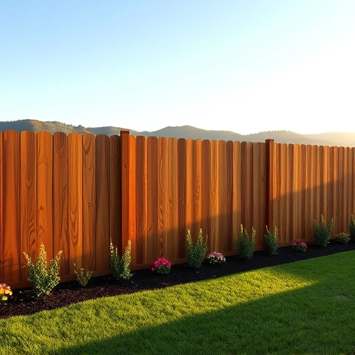 Completed wooden privacy fence in Fairmount GA surrounded by lush lawn and vibrant flowers under a serene sky.
