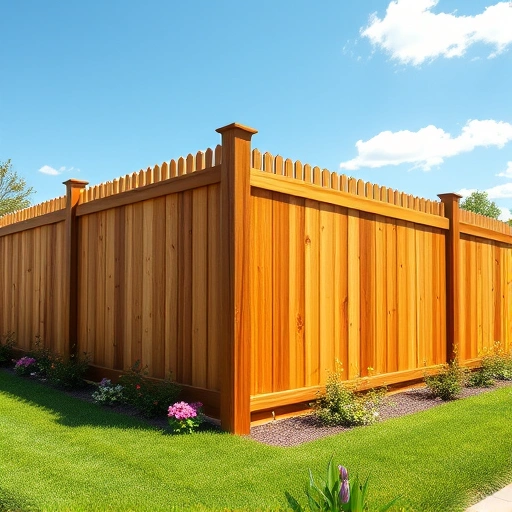 Completed wooden fence installation in Calhoun GA, surrounded by green grass and colorful flowers under a blue sky.