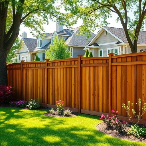 A beautifully crafted wooden fence in Rainsville AL, surrounded by vibrant plants and a serene suburban landscape.