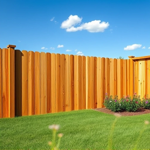 Completed wooden fencing project in Resaca GA, showcasing rich wood grain against lush grass and blue sky.