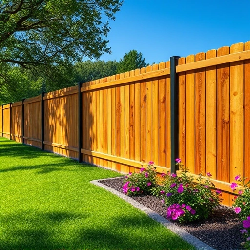 Completed fencing project in Tunnel Hill GA with wooden and metal fences blending into the landscape and vibrant flowers.