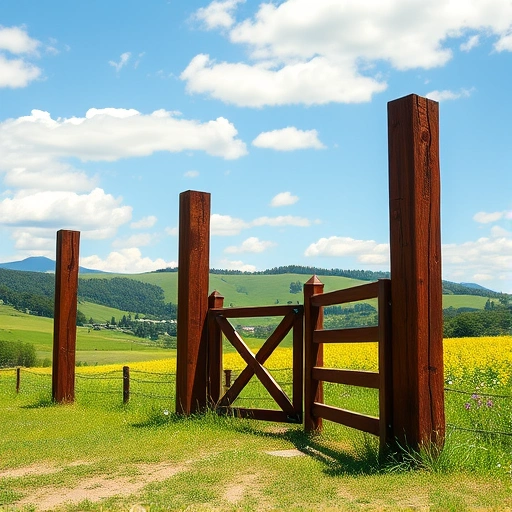 Sturdy wooden fence posts in Cohutta GA, surrounded by rolling hills, greenery, and a rustic gate in a serene landscape.