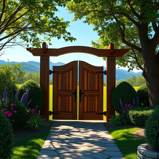 Beautiful wooden gate installation in Cohutta GA, surrounded by vibrant flowers and lush greenery under a clear blue sky.