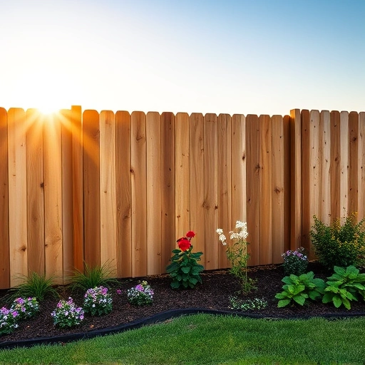 Completed wooden fence in Ringgold GA, showcasing intricate grain, natural stain, vibrant garden, and serene landscape.