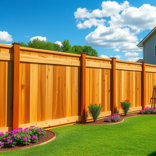 Perfectly crafted wooden fence in sunny Rome GA backyard with vibrant flowers and lush green grass.