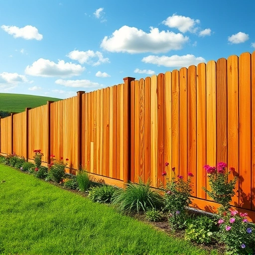 Completed wooden fence project in Henagar AL, showcasing cedar slats amid vibrant garden and serene countryside.