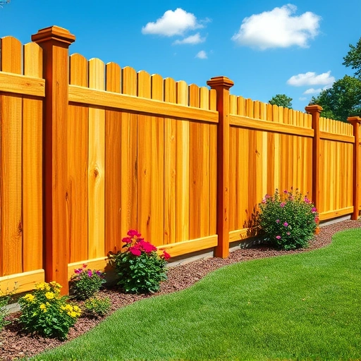 Completed wooden fence installation in Calhoun GA, showcasing polished surfaces, lush lawn, and vibrant flowers.
