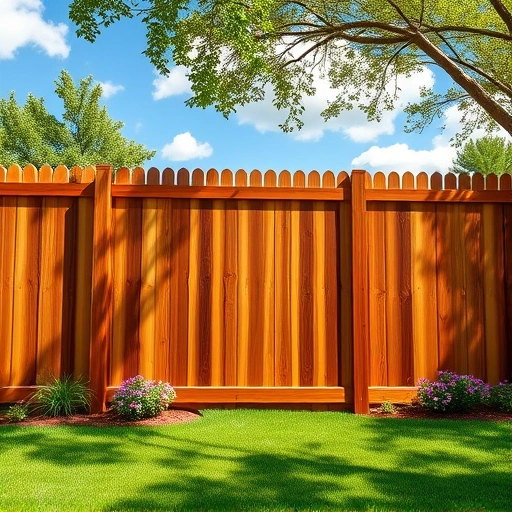 Perfectly installed wooden fence in Jacksonville AL with lush grass, flower beds, blue sky, and soft sunlight.