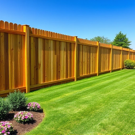 Completed wooden fence installation in Adairsville GA, featuring lush lawn and vibrant flower beds under a clear blue sky.