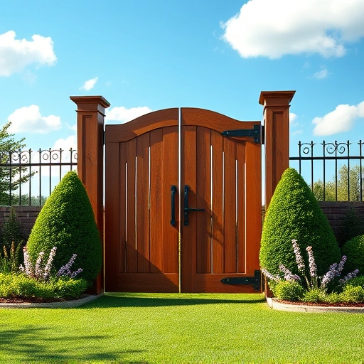 Completed wood and metal walk gate installation in Cohutta GA with vibrant landscaping and blue sky backdrop.