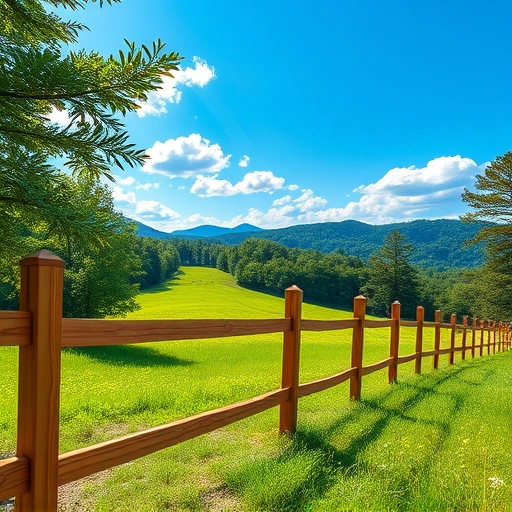 Wooden fence in lush greenery of Cohutta GA with rolling hills, blue sky, and peaceful rural scenery.