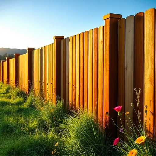 Completed wooden fence installation in Centre AL surrounded by green grass and wildflowers under a clear blue sky.