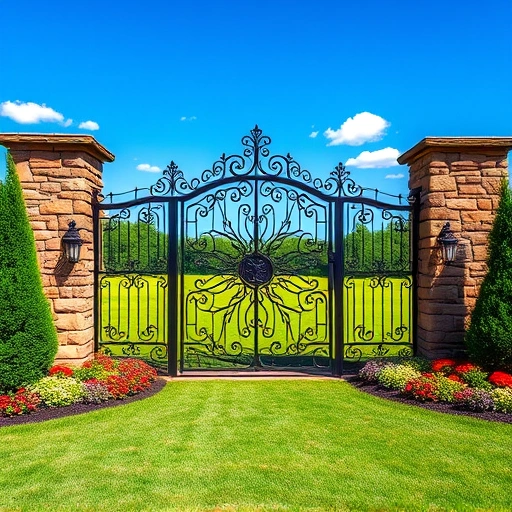 Wrought iron gate installation in Cohutta GA surrounded by lush grass, flowers, and a rustic stone wall under blue sky.