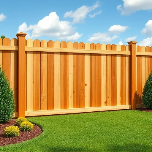 Completed wooden fence installation in Attalla AL with lush lawn, flower beds, and blue sky background.