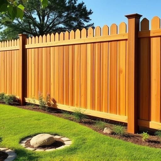 Completed wooden fence in Collinsville AL surrounded by a manicured lawn, flowers, and decorative stones.