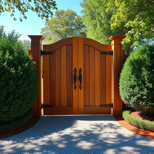 Wooden gate repair in Cohutta GA showcasing craftsmanship with lush greenery and a serene suburban atmosphere.