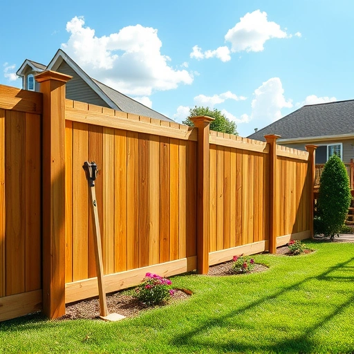 Beautiful wooden fence installation in Henagar AL, surrounded by a manicured lawn and charming suburban homes.