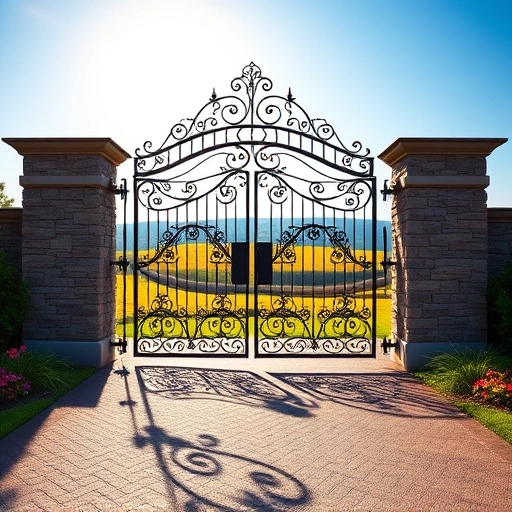 Completed driveway gate installation in Cohutta GA with wrought iron gate, stone pillars, lush landscaping, and blue sky.