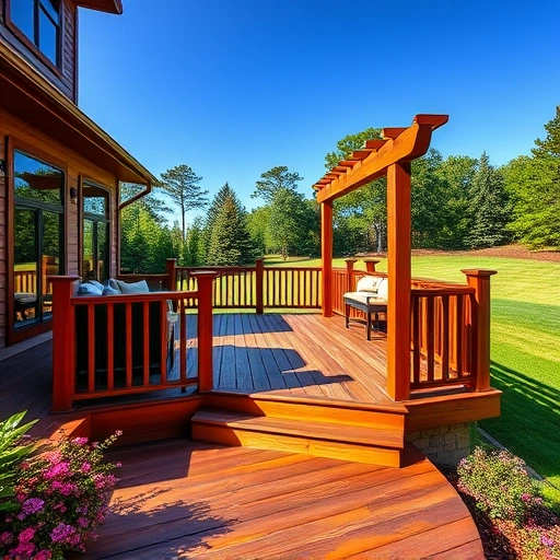 Custom deck in Cohutta GA features elegant wooden design, inviting seating, vibrant landscaping, and clear blue skies.