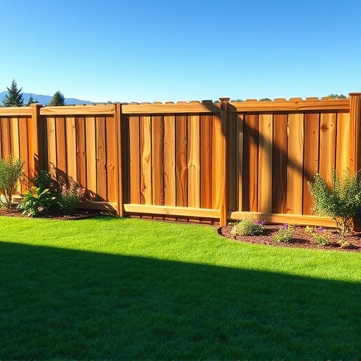 Completed wooden fence installation in Ringgold GA surrounded by green lawn and vibrant flower beds under blue sky.