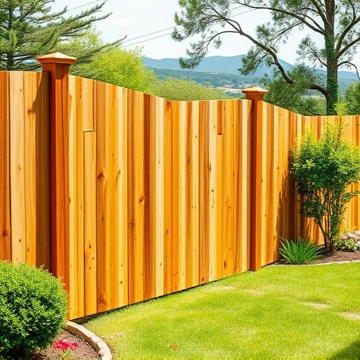 Beautiful wooden fence installation in a sunlit backyard in Cohutta GA with vibrant shrubs and blooming flowers.