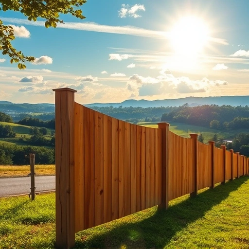 Newly installed wooden fence in Cohutta GA surrounded by rolling hills, greenery, and a bright blue sky.