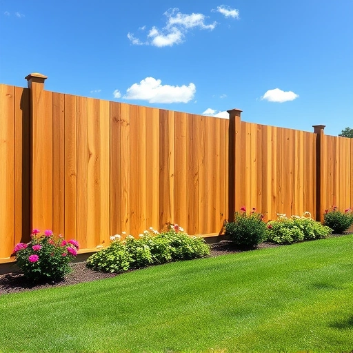 Completed wooden fence installation in Centre AL with polished panels, steel posts, vibrant flowers, and lush lawn.