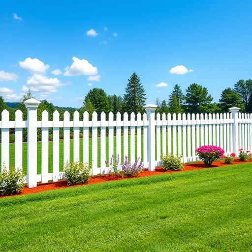 Picket fence installation in Cohutta GA with a pristine white fence, manicured yard, and colorful flower beds.