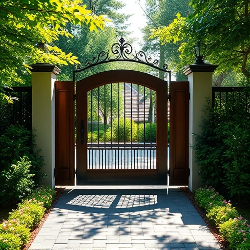 Completed Walk Gate Installation in Cohutta GA featuring elegant metalwork, wooden finish, and lush landscaping.
