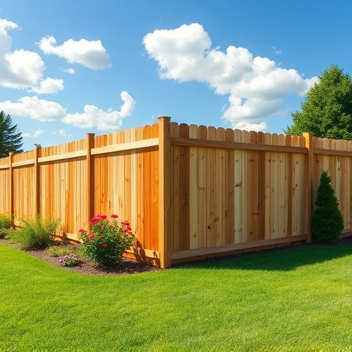 Completed wooden fence installation in Fort Oglethorpe GA, surrounded by a lush lawn and vibrant landscaping.