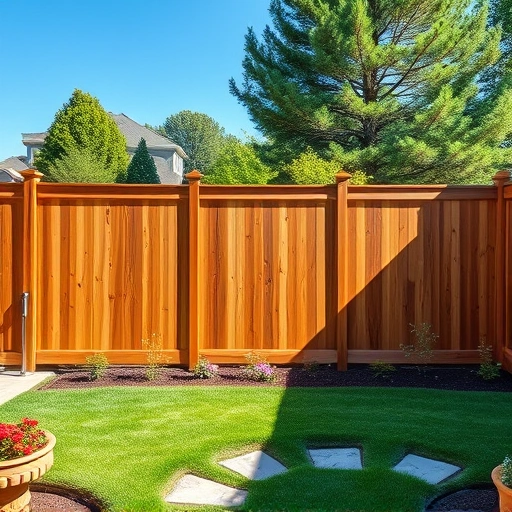 Completed wooden privacy fence in Ball Ground GA blends with lush landscape and vibrant flower beds in serene backyard.