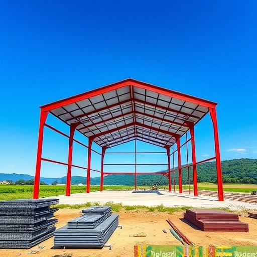 Completed red iron steel building in Cohutta GA with polished beams, construction materials, and serene landscape.