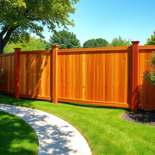 Completed wooden fence installation in Resaca GA, surrounded by green lawn and colorful flowers under blue sky.