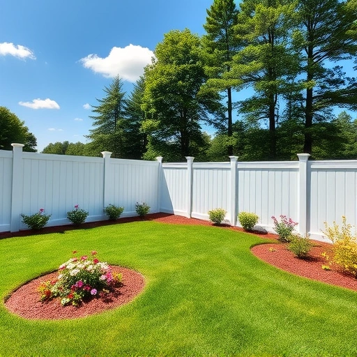 Completed vinyl fence installation in White GA, surrounded by vibrant landscaping and a clear blue sky.