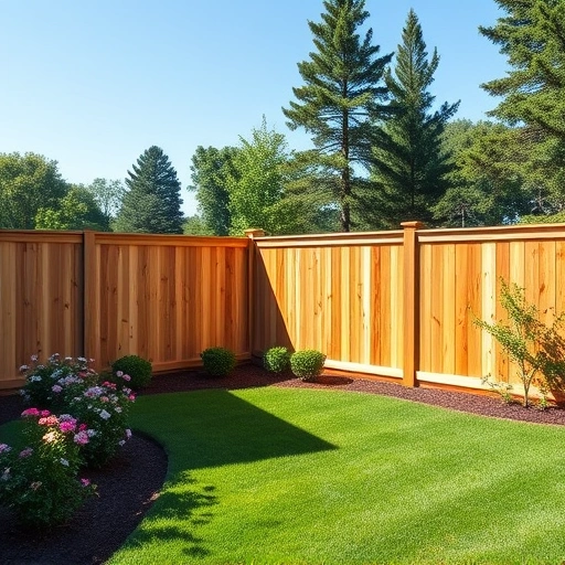 Completed wooden fence in LaFayette GA, surrounded by green grass and flower beds under a clear blue sky.