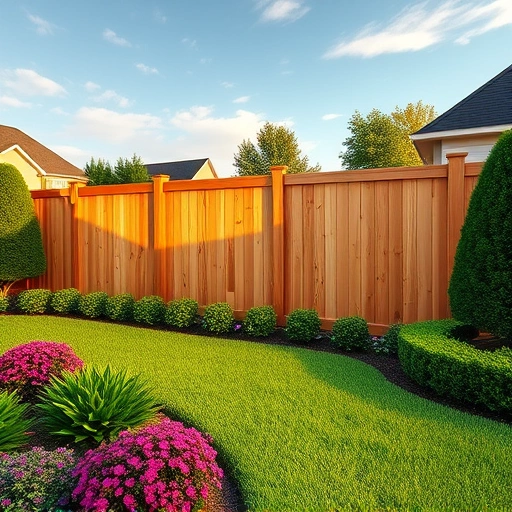 Beautiful wooden fence in Canton GA, surrounded by lush grass and vibrant flowers, showcasing quality craftsmanship.