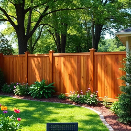 Elegant wooden privacy fence in Chattanooga TN blends with lush greenery and vibrant flower beds in a serene backyard.