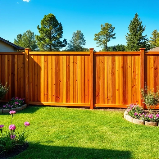 Fencing installation in Fort Oglethorpe GA features a sturdy wooden fence in a vibrant backyard with flowers and trees.
