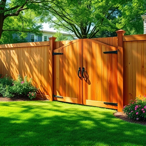 Sturdy wooden privacy fence in Menlo GA, showcasing rich wood grain in a lush green backyard with vibrant flowers.