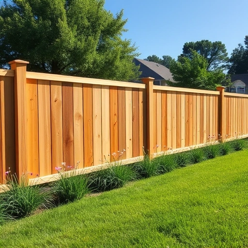Modern wooden fence installation in Rock Spring GA surrounded by green grass and wildflowers under a clear blue sky