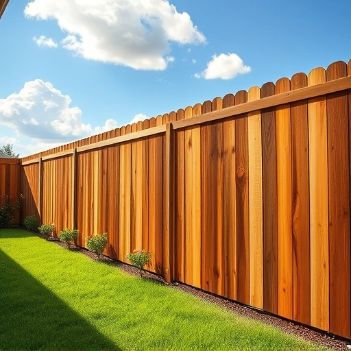 Beautiful wooden fence installation in Rainsville AL, surrounded by green grass and colorful flower beds in sunlight.