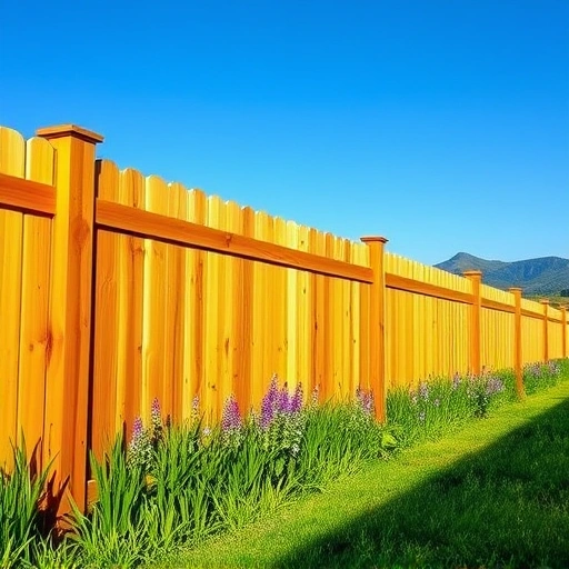 Completed wooden fence in Fort Payne AL surrounded by green grass and wildflowers under a clear blue sky.
