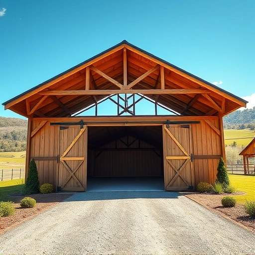 Completed pole barn in Cohutta GA with wooden beams, metal roof, open doors, and vibrant landscaping.