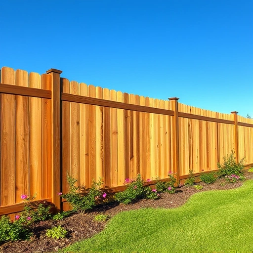 Completed wooden privacy fence in Chatsworth GA with rich brown tones, lush grass, and vibrant flowers under morning light.